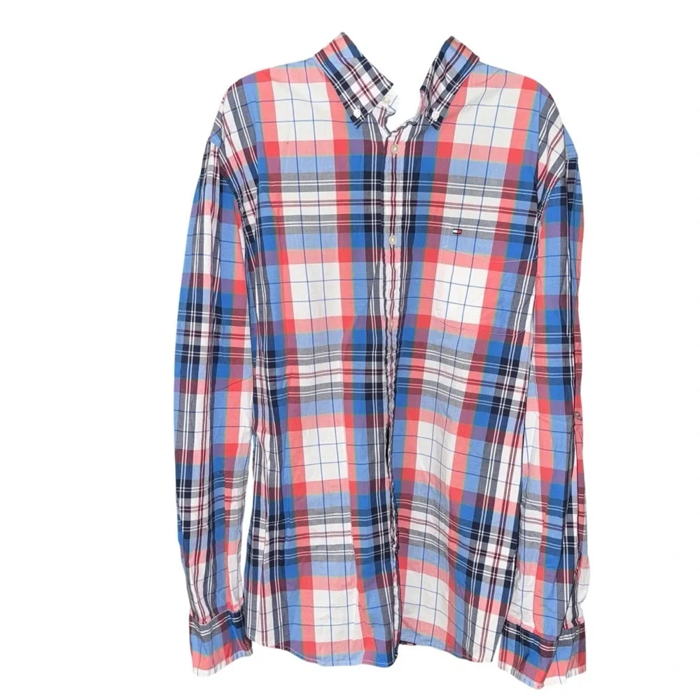 Tommy Hilfiger Mens XL Plaid Button Down Shirt Red Blue White Cotton